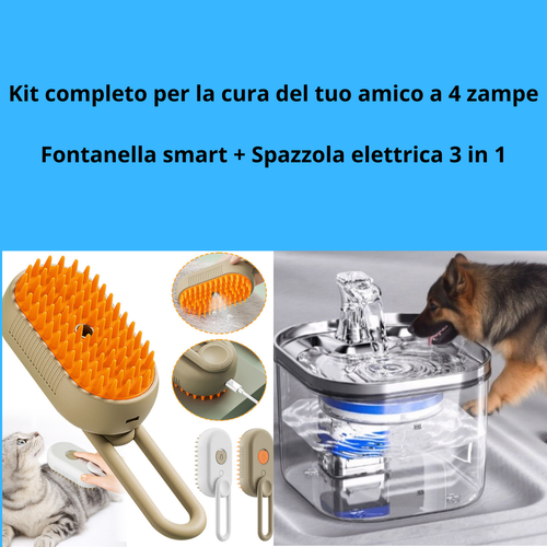 Kit completo cura animali con fontanella smart e spazzola elettrica 3 in 1